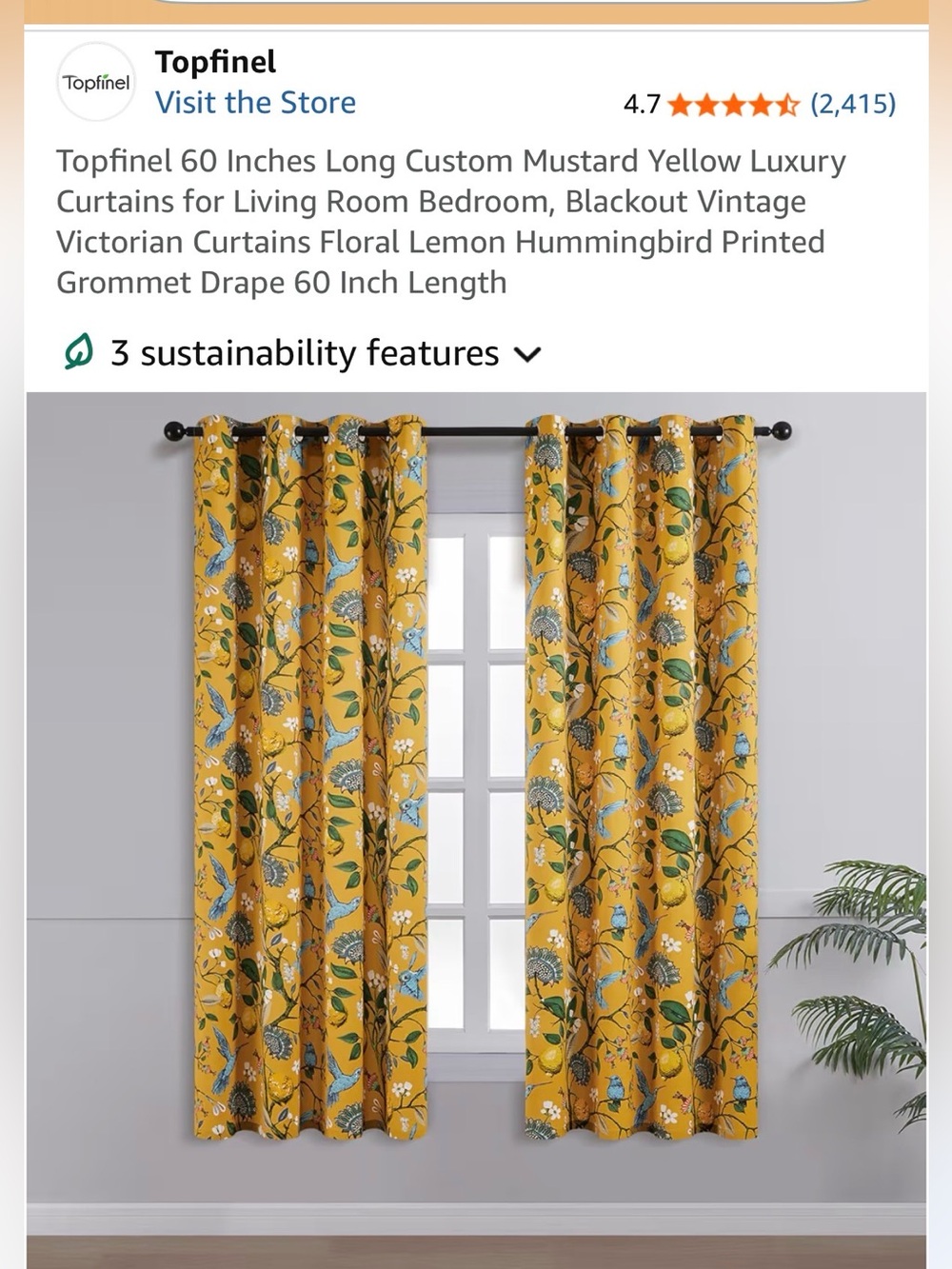 60”L & 36”L 2-packs Mustard Yellow Hummingbird Floral Grommet Curtain - Topfinel